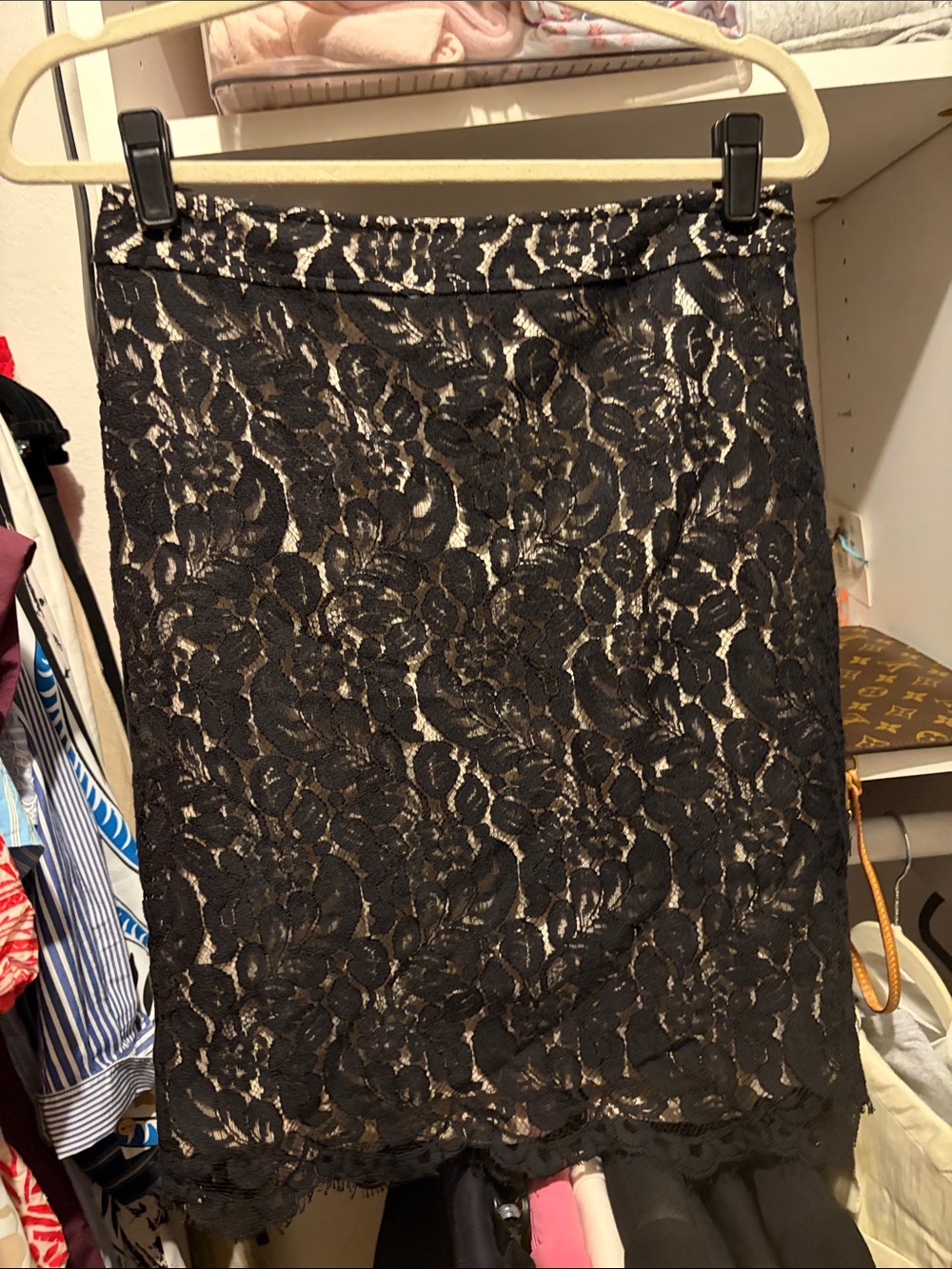 White House Black Market Black Lace Pencil Skirt with Nude Underlay
